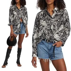 Frame The Oversized Silk-Blend Palm Button Shirt Noir Multi Women's Size Medium